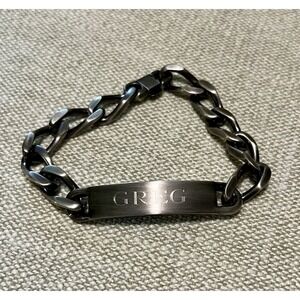 Speidel Mens ID Bracelet Greg Engraved Gunmetal Tone Curb Chain 8.25 Inch